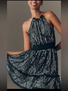 Anthropologie Dark Green Sequin Halter Mini Dress